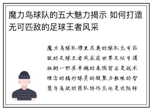 魔力鸟球队的五大魅力揭示 如何打造无可匹敌的足球王者风采 魔力鸟球队的五大魅力揭示 如何打造无可匹敌的足球王者风采