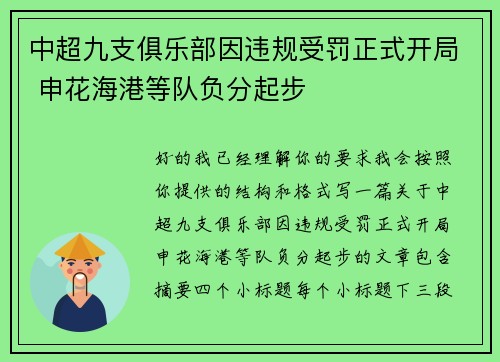 中超九支俱乐部因违规受罚正式开局 申花海港等队负分起步